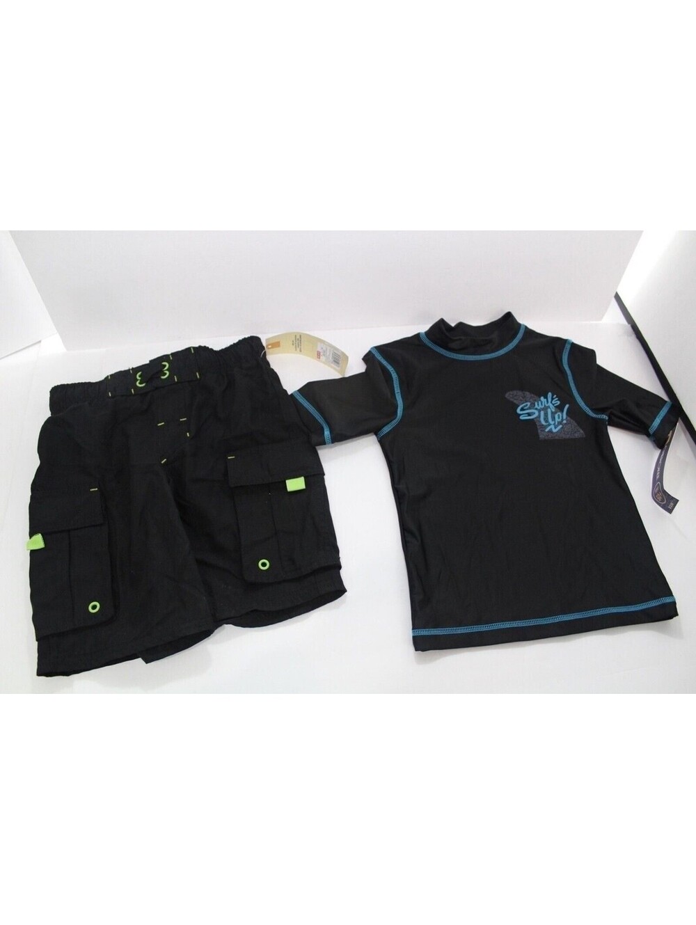 NWT Lot Boys Size XS 4-5 Cherokee Black Swimsuit & Surfs Up Swim Shirt UPF 50+